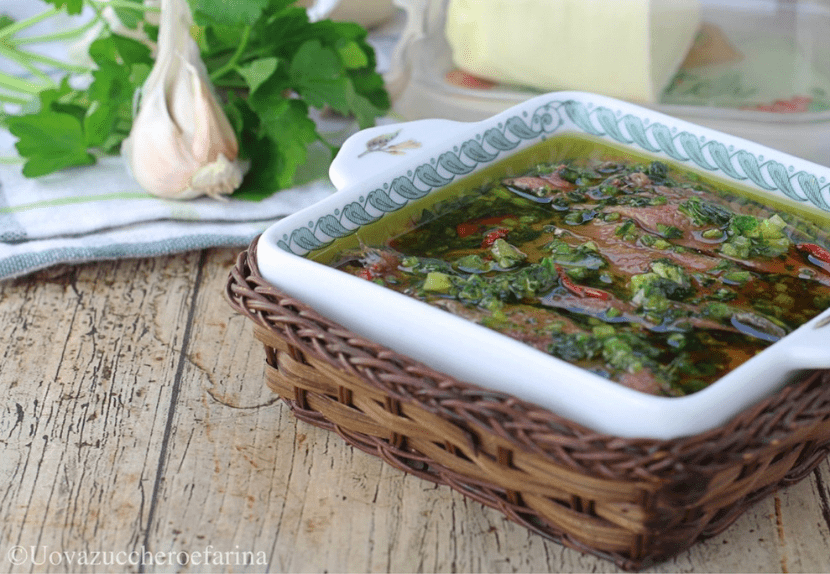 Acciughe sotto pesto ("Anchovies marinated in Pesto")